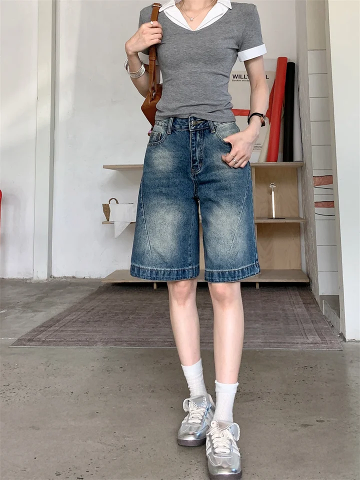 2026Trend Women's Y2K Jeans Shorts - Washed Blue Relaxed Fit Denim