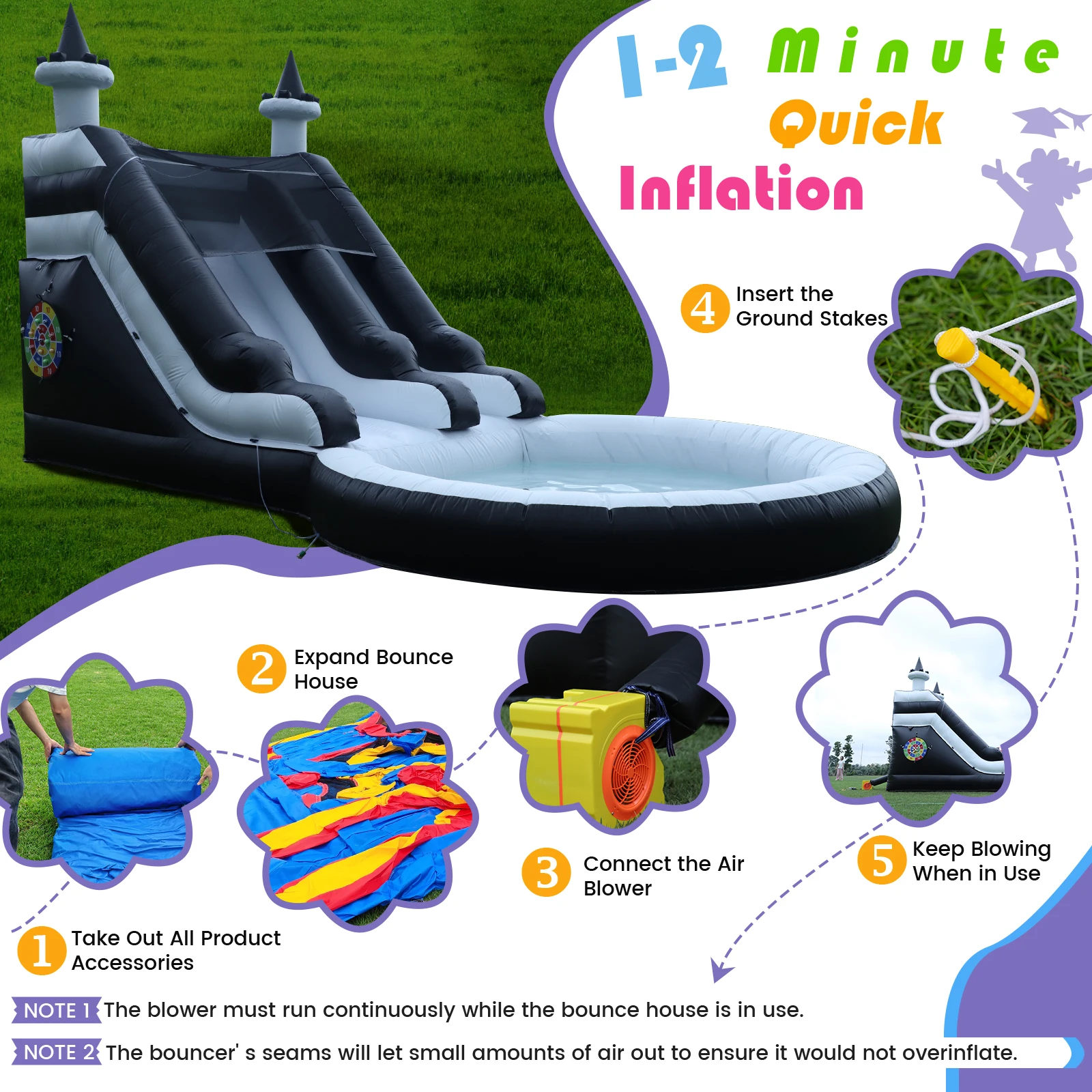 New black white  Commercial Inflatable Bounce House for Kids, Bouncy Castle with Slide Blower, Outdoor Garden, Backyard Jump