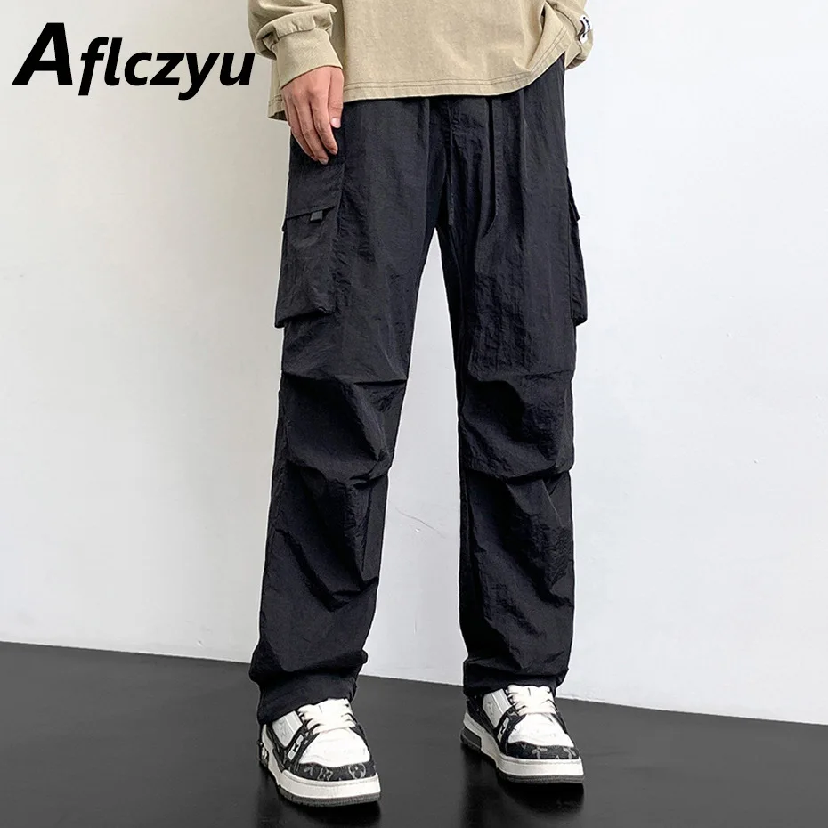 

Black Cargo Pants Men Fashion Casual Camping Pants Harajuku Straight Sweatpants Male Elastic Waist Trousers