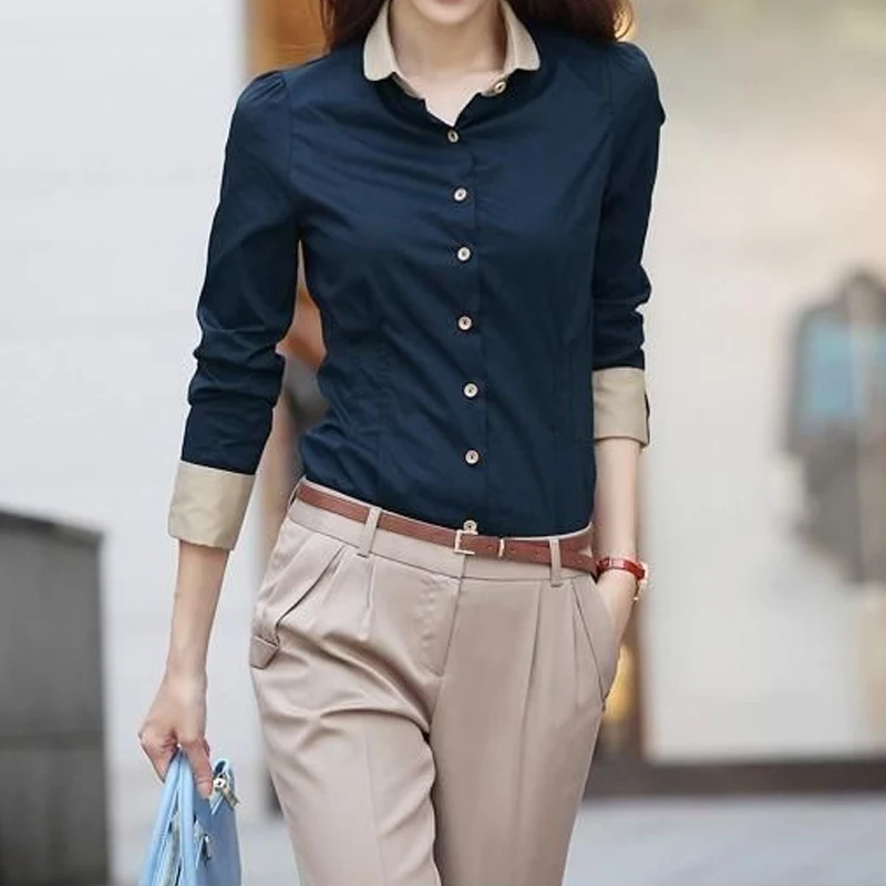 Spring New Contrast Patchwork Shirt Tops Long Sleeve Polo Sleeve Slim All-match Blouse Elegant Fashion Women Clothing