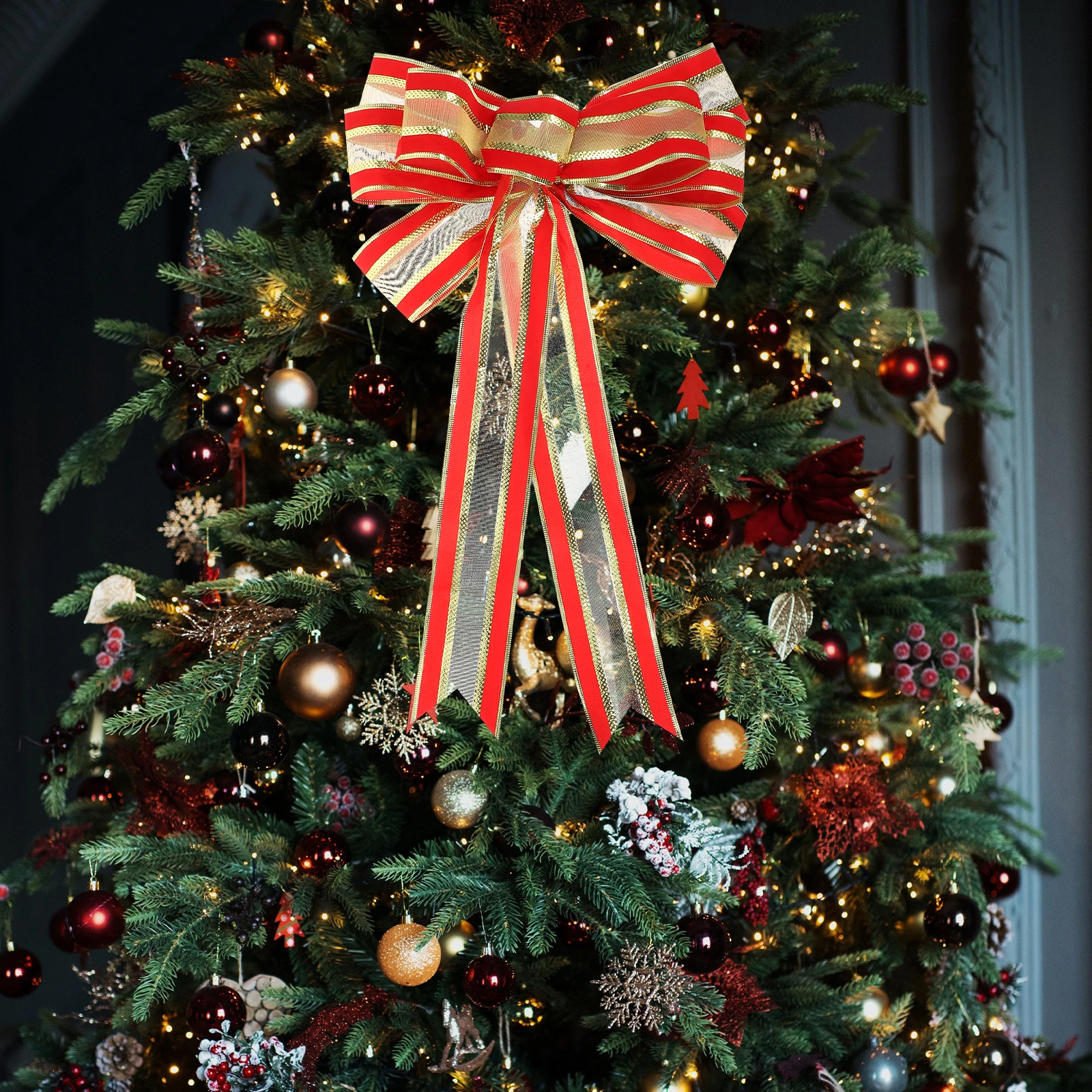 

Large Red Christmas Bow Tree Topper Wreath Ornament Decorative Bowknot For Gift Box Party Diy Decoration Festive Bow