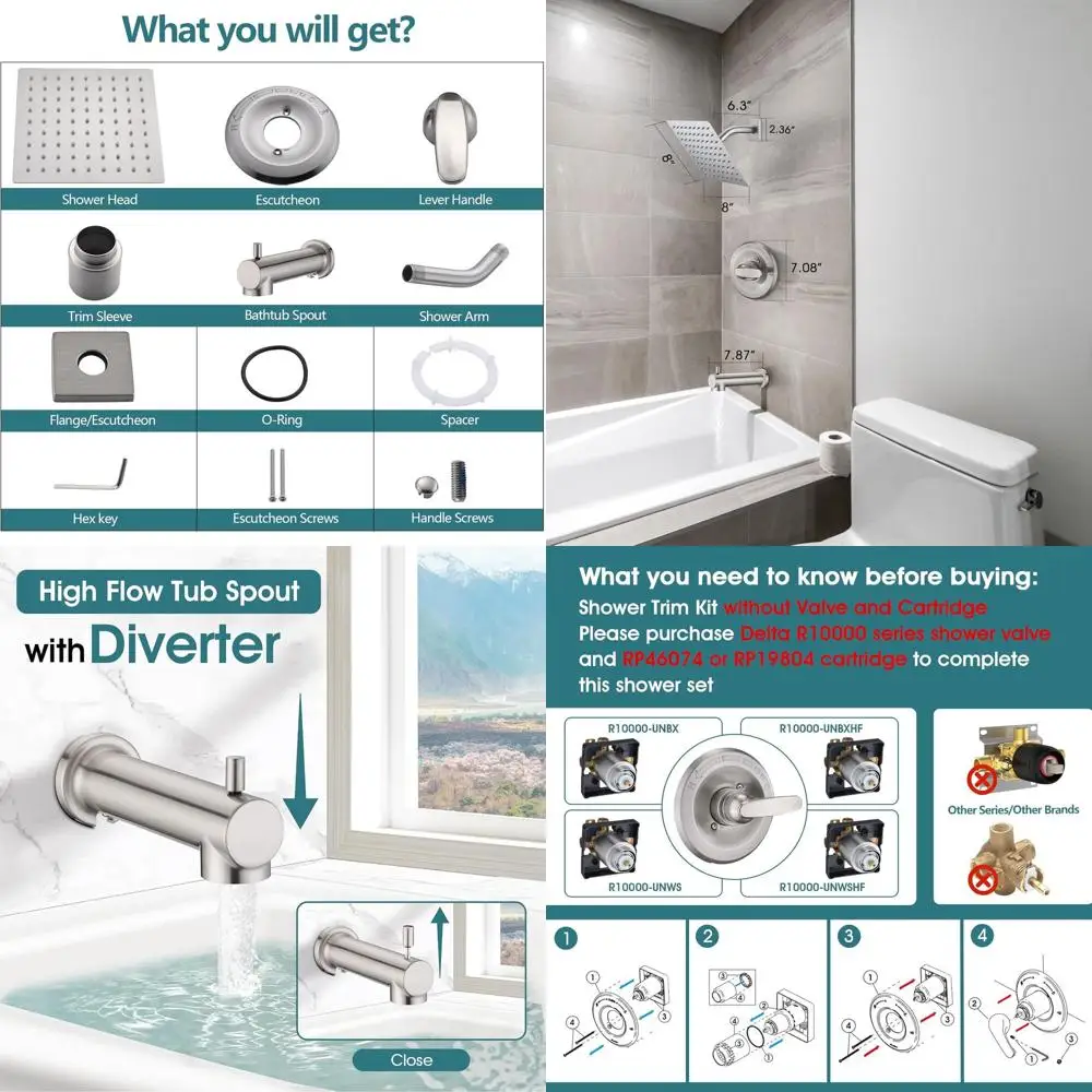 Square Rain Shower Set with 8 Showerhead - Brushed Nickel Finish (Cartridge Not Included)