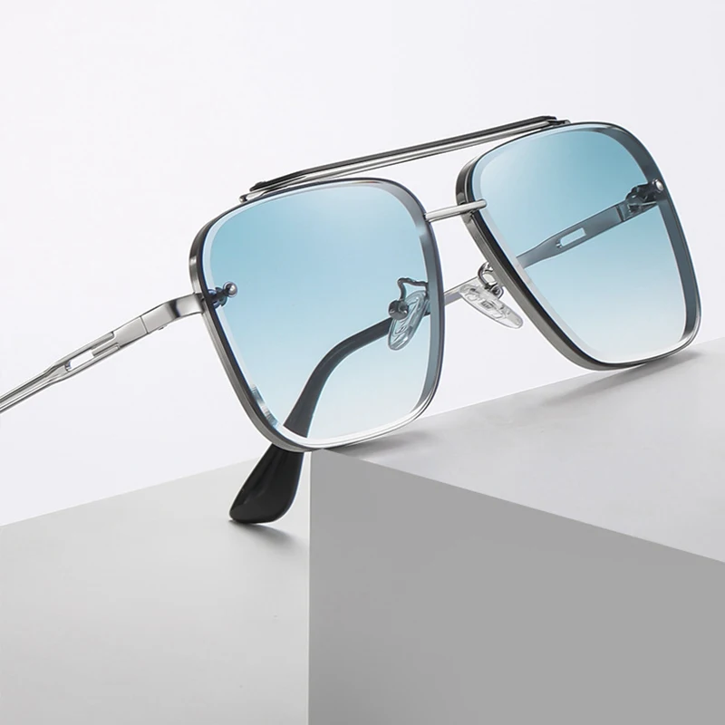 CATERSIDE Retro-Sonnenbrille mit großem Metallrahmen für Herren, flache Oberseite, Doppelbrücke, hochwertige Sonnenbrille für Damen, Party- und Festival-Brillen – Detail 2