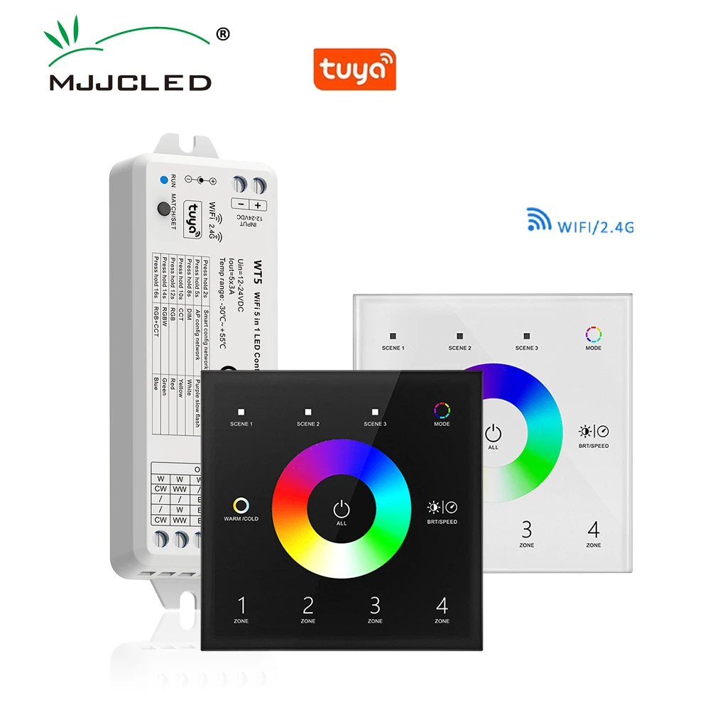 Tuya controlador inteligente, rgbct, rgbw, rf, wi-fi, painel de toque, rf, 12v, 24v, DC, 5 em 1, rf