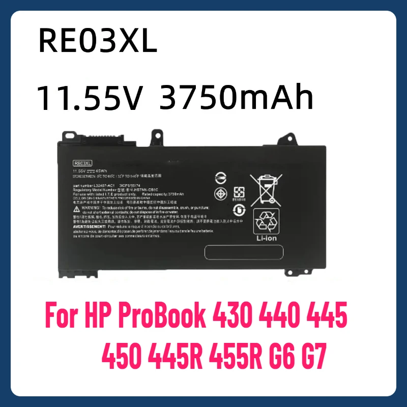 

11,55 В 45 Втч RE03XL Аккумулятор для ноутбука HP ProBook 450 G6 450 G7 440 G6 430 445 455R G6 430 440 445 G7 HSTNN-OB1C L32407-AC1