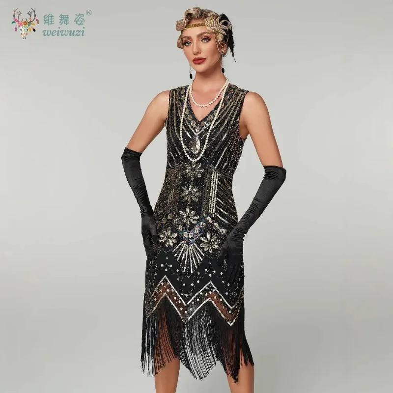 1920년대 여성용 V넥 태슬 바디콘 연회 빈티지 드레스 민소매 라이트 럭셔리 칵테일 파티 시퀸 태슬 이브닝 드레스