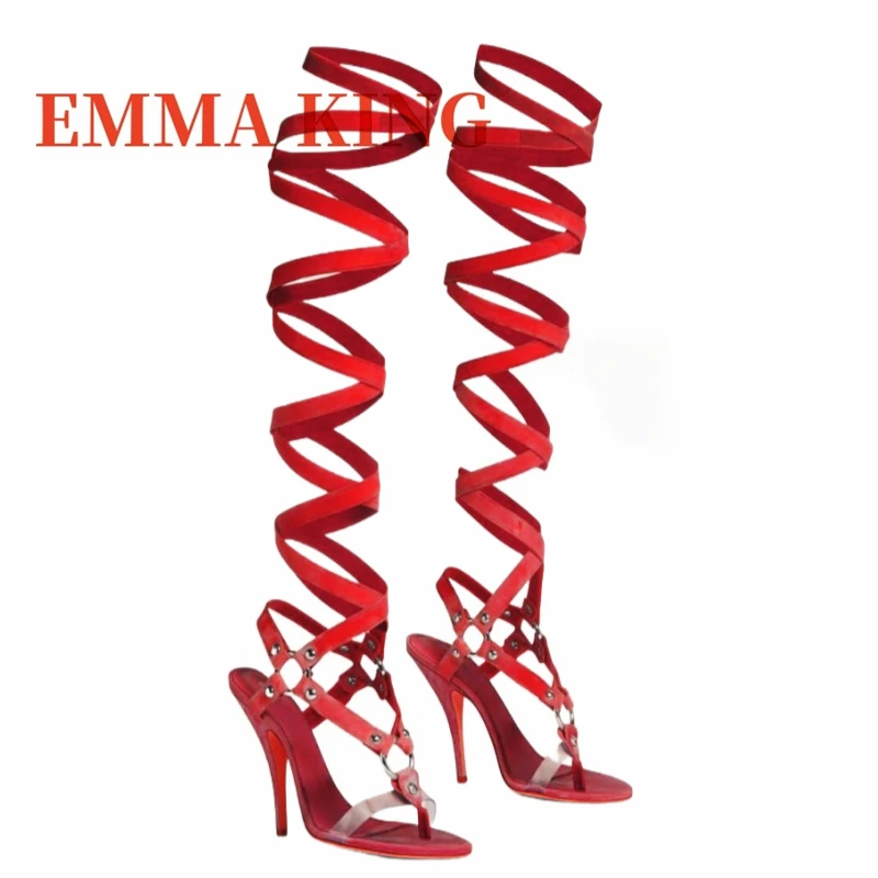 صنادل نسائية بكعب بني Strappy مثيرة مفتوحة مدببة عند أصابع القدم صنادل طويلة ملفوفة بكعب ستيليتو أحذية صيفية فاخرة #6