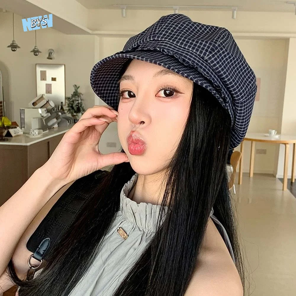

Solid Color Fine Plaid Beret Big Head Circumference Korean Style Ruffle Octagonal Hat Polyester Sunscreen Spring Painter Cap