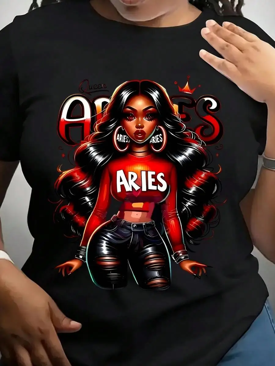 Queen Aries Zodiac Sign Women Graphic Tee Astrology Fashion Shirt Star Sign Gift For Her Birthday Party Wear, 220g