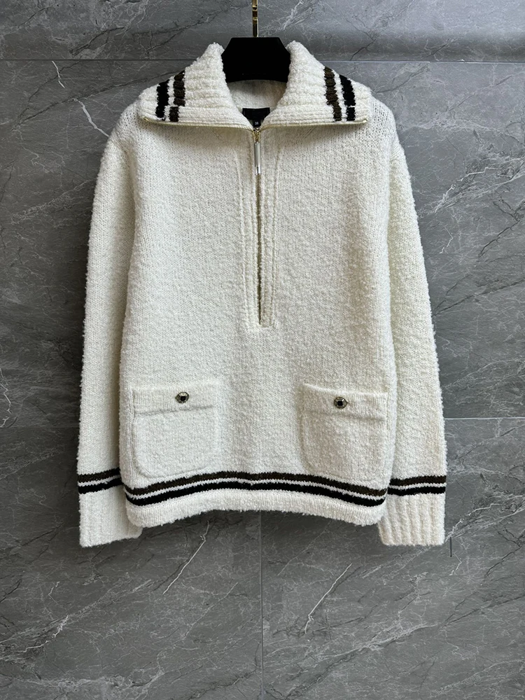 

SVORYXIU Winter 2025 New style Skiing Series Stripes Sailor Collar Zipper Cashmere Coat Woman Retro Knitting warm Short coat