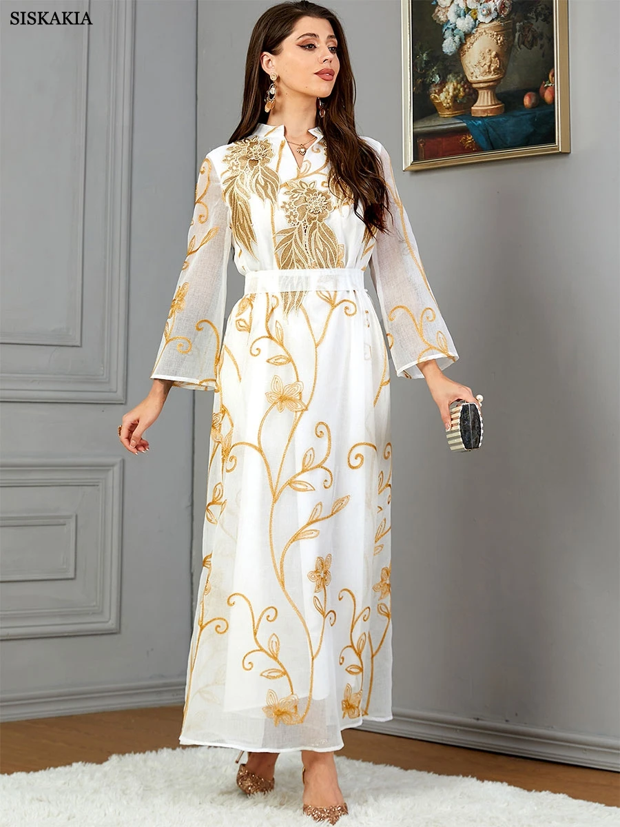 Siskakia Fashion Mulsim Gold Stamping Floral Embroidery Guipure V-Neck Long Sleeves Floral Dress With Belt Long Arab