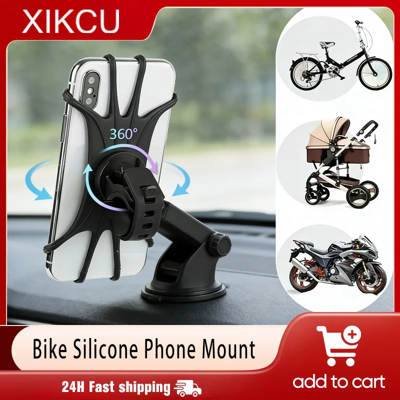

Universal Bicycle Mobile Phone Holder 360 Rotating Silicone Bike GPS Clip Mount Baby Stroller Stand Motorcycle Handlebar Bracket