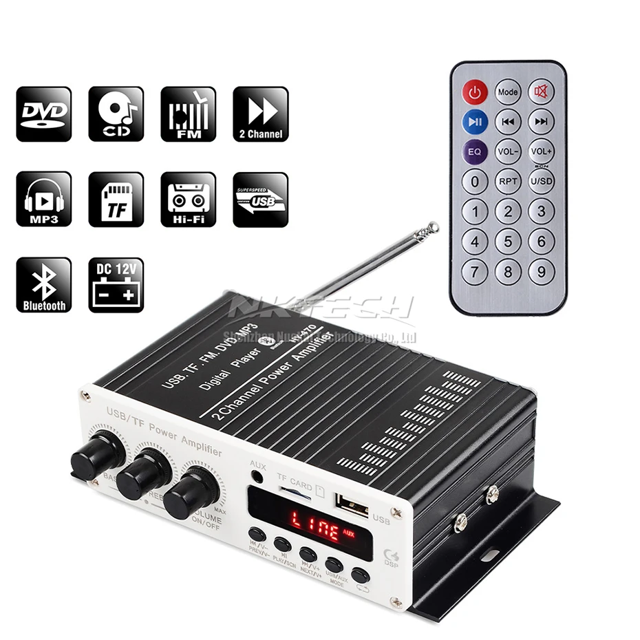 

NKTECH HY-470 Digital Player Car Power Amplifier Bluetooth 5.0 HiFi Stereo Home Audio 2CH 20W RMS AUX USB TF CARD FM 87.5-108MHz