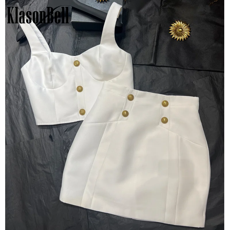 6.20 KlasonBell Women Lion Gold Button Strapless Suspender Short Tank Top Or High Waist Back Zipper Package Hip Mini Skirt Set