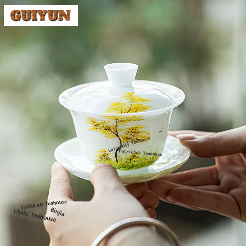 

120 мл Ручная роспись Осенний пейзаж Ель Гавань Дзен Чайная варенья Чайная чаша с крышкой Набор для приготовления чая Крышка Чаша Чайные услуги Подарок