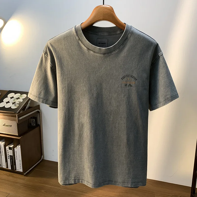 

Retro washed short sleeved T-shirt for men in summer 2025, new American fashion brand printed round neck elastic casual top