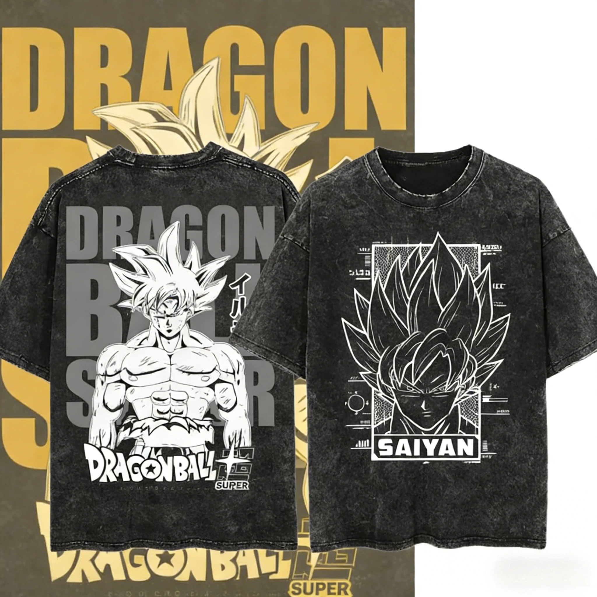 2026 Sommer Dragon Ball T-Shirt aus gewaschener Baumwolle – Retro Oversized Freizeit-T-Shirt mit Goku-Silhouette & Majin-Symbol, Unisex für Anime-Fans