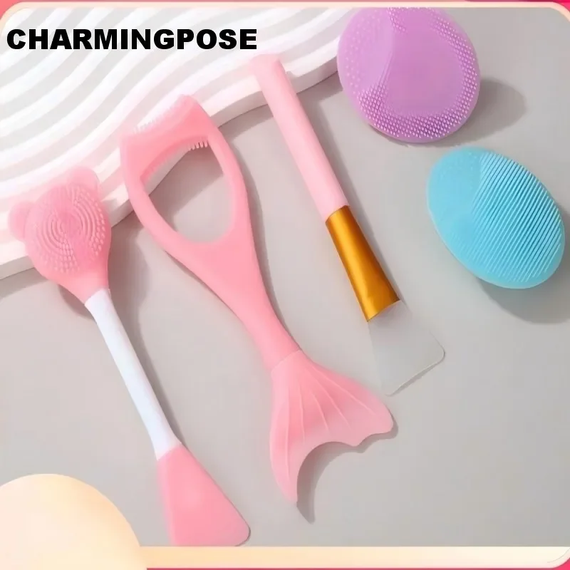 Aplicador de escova de máscara facial de silicone de ponta dupla, 5 peças, limpador e ferramenta de mistura para limpeza profunda, aplicação de máscara e esfoliação