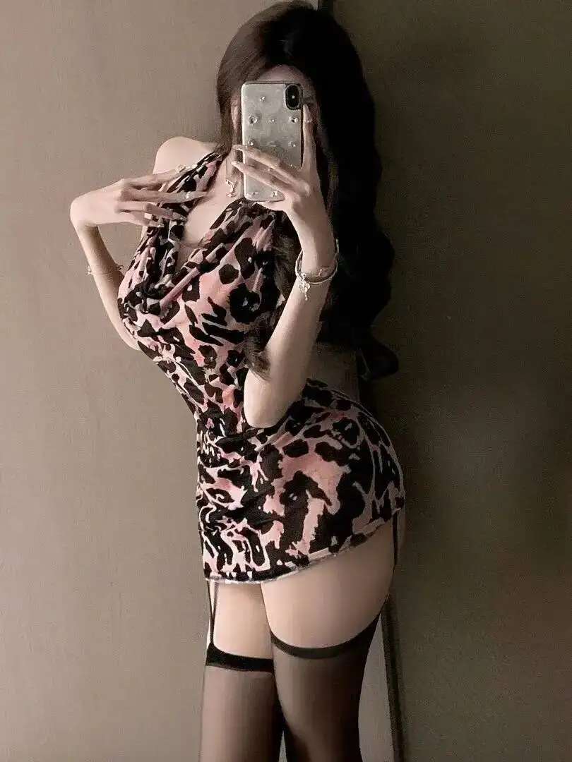 Sexy Dress Elegant Leopard Print Halter Nightdress Backless Nightclub Outfit Fashion Sexy Women Mini Dress Sweet Tops M509