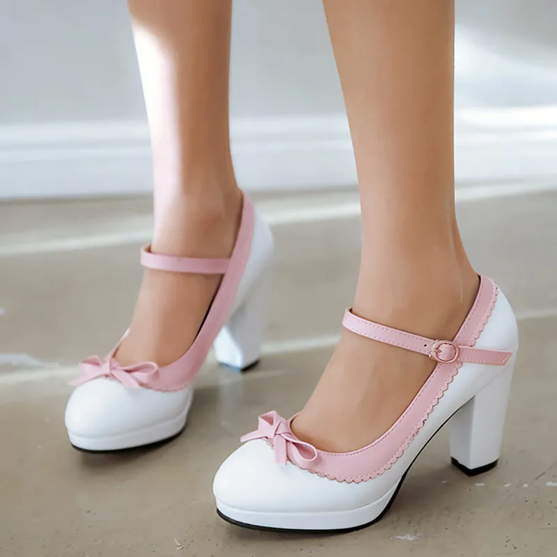 

Spring and autumn single shoe female fair maiden spells color round head waterproof platform female shoe high heel girl