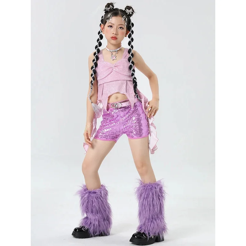 Kids Stage Catwalk Outfit Girls Hip Hop Clothing Ruffled Top Sequins Shorts Jazz Costumes Kpop Wear Street Dancewear 4-14Y