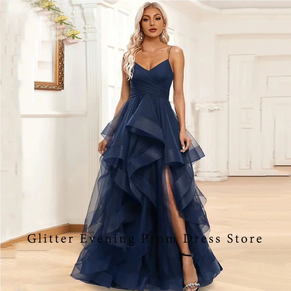 

Simple Sexy Prom Dresses For Women A-Line V-Neck Spaghetti Strap Backless Pleat Tulle Custom Made Birthday Evening Party Grows