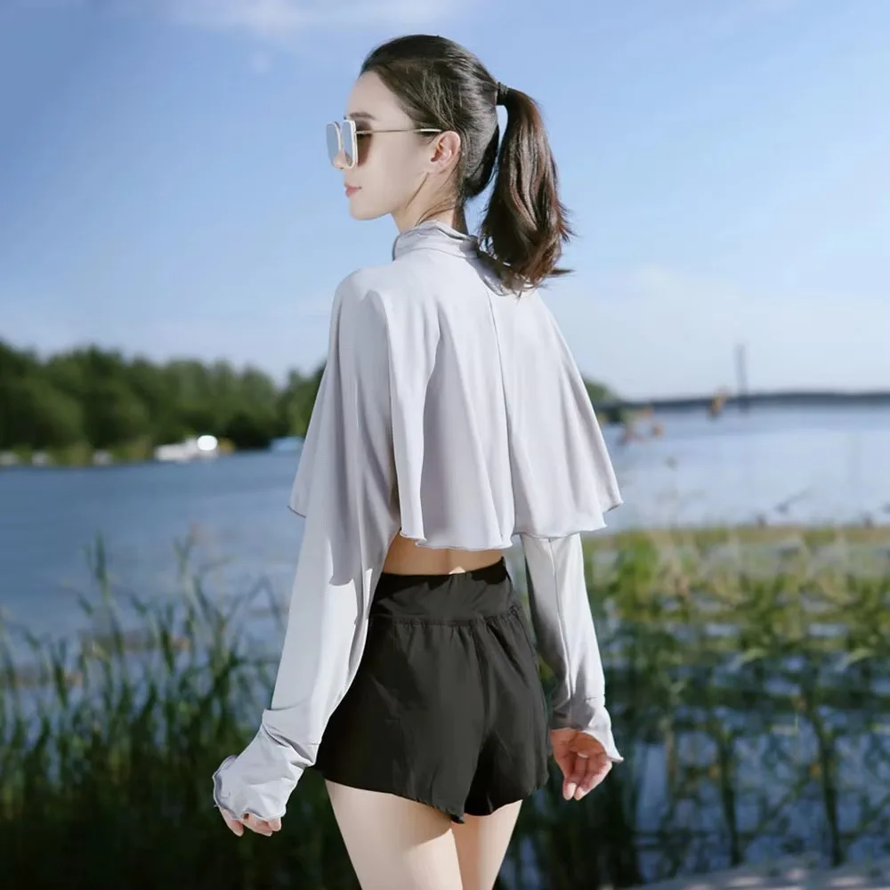 New Casual Women's Sunscreen Shawl Solid Color Breathable Sunscreen Capes Long-sleeve Ice Silk Thin Coat Summer Outdoor image 3
