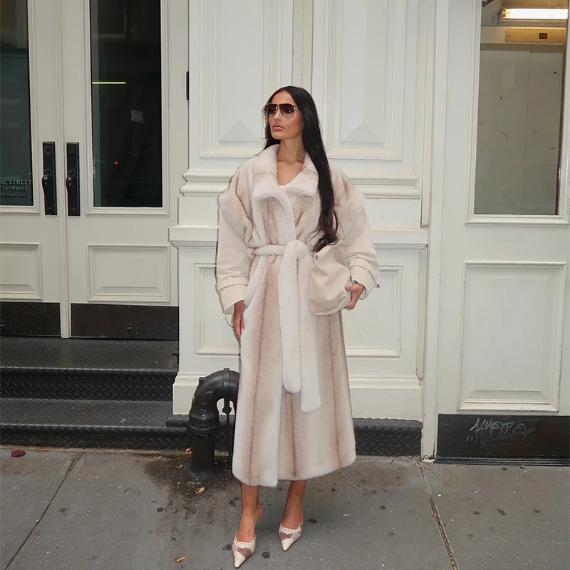 Stylish Elegant Long Coat Patchwork Faux Fur Paneled Tie-waist Overcoat Vintage Warm Thick Fall Winter Trendy Women Streetwear