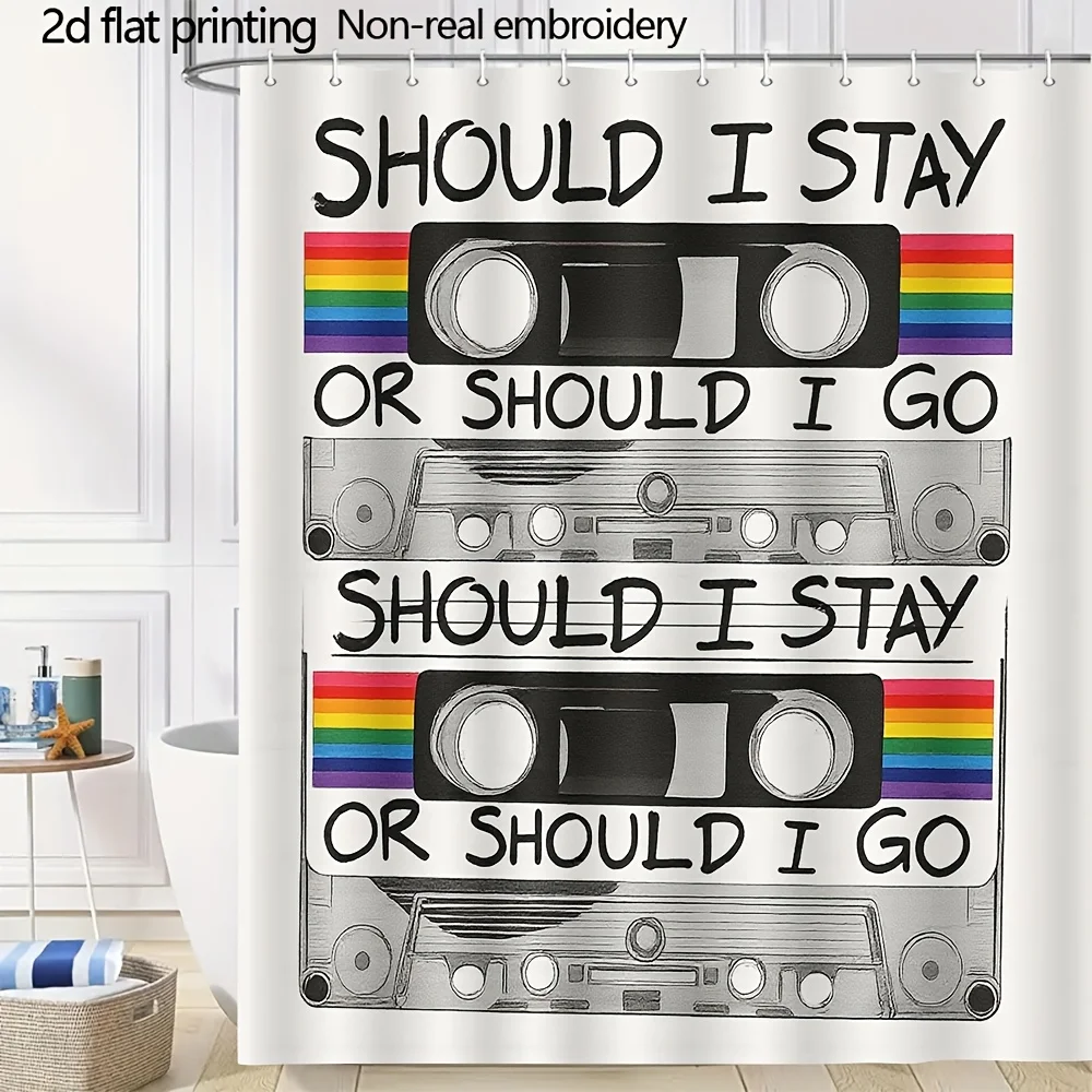 Retro Cassette Tape Shower Curtain, Vintage Music Rainbow Print Waterproof Bathroom Decor, 80s Rock Party Home Bath Screen