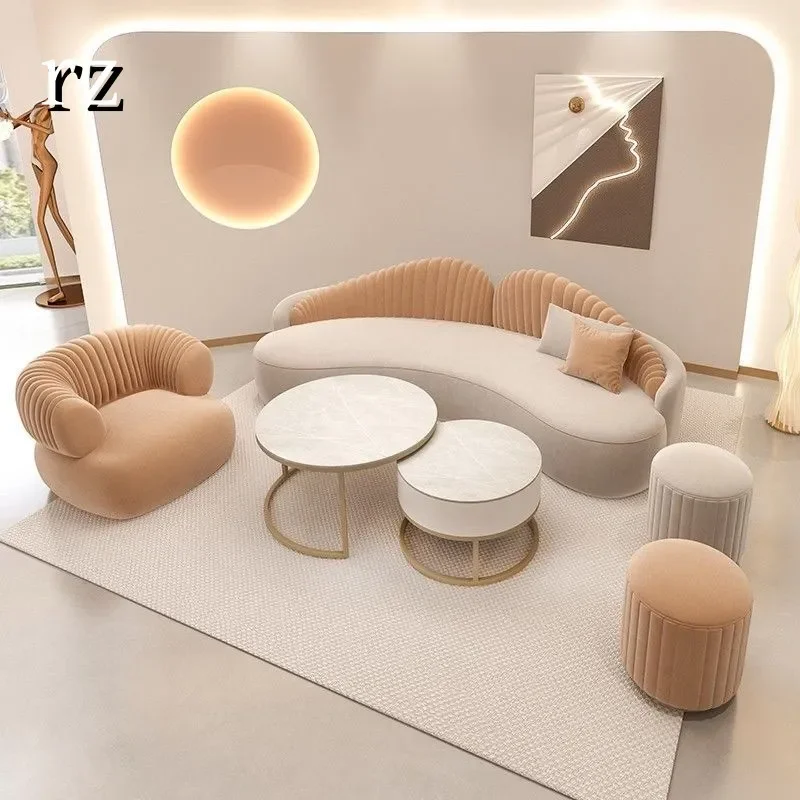 Curved Cream Velvet Sofa for Beauty Salon Wedding Shop Rest Area Compact Creative Design Small Apartment Furniture