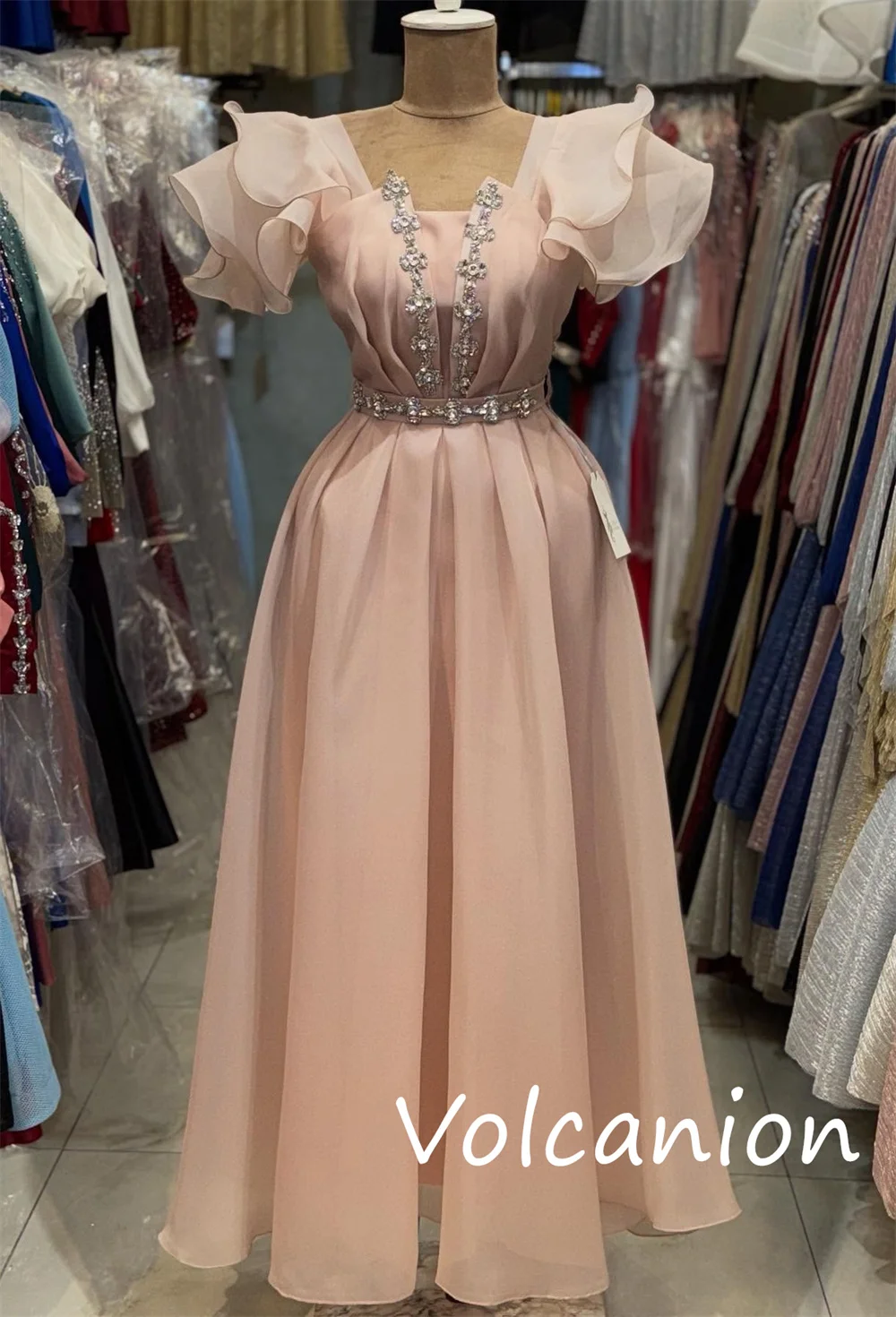 Customized Chinese Style Organza Sequined Pleat A-line Square Neck Midi Dresses Bespoke Occasion Simple