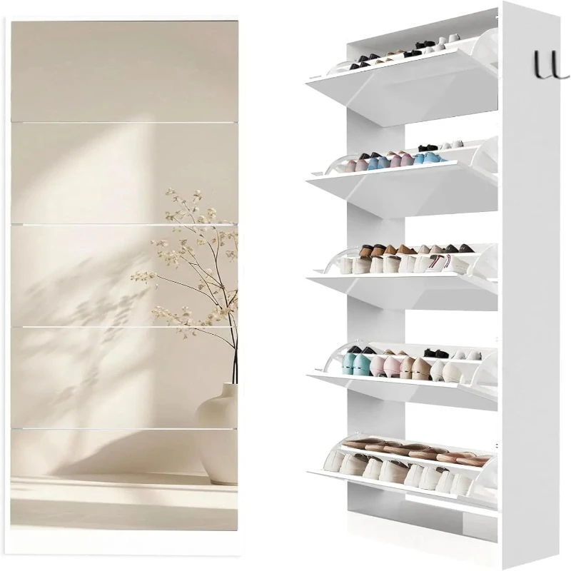 Spiegelschuhschrank mit Bruchsicherem Glas - 5-stufiger Platzsparender Eingangsbereich-Aufbewahrungsorganizer, Schlankes Schuhregal mit Klappschubladen