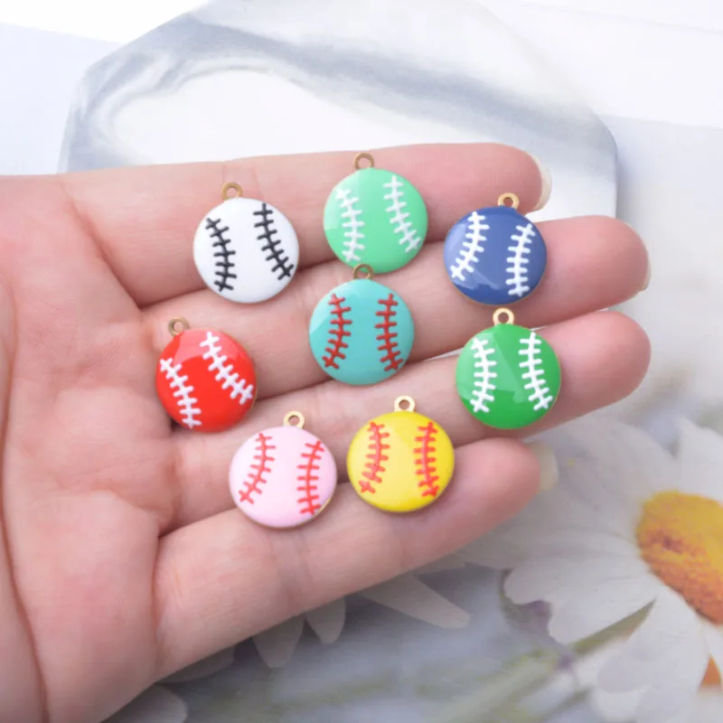 10 Stück Weihnachtskugel-Anhänger aus Kupfer, emailliert, beidseitig mit Tropfenöl, Baseball-Anhänger, DIY-Schmuckzubehör – Detail 3