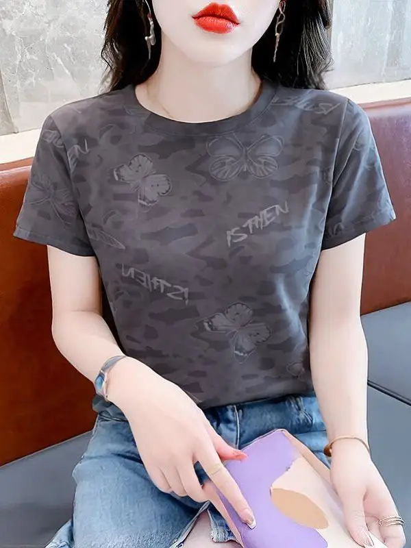 

Fashionable Short Sleeve T-Shirt Women's Loose Casual Top Mom's Wear Summer New Style Versatile Print round Neck Polyester Fiber