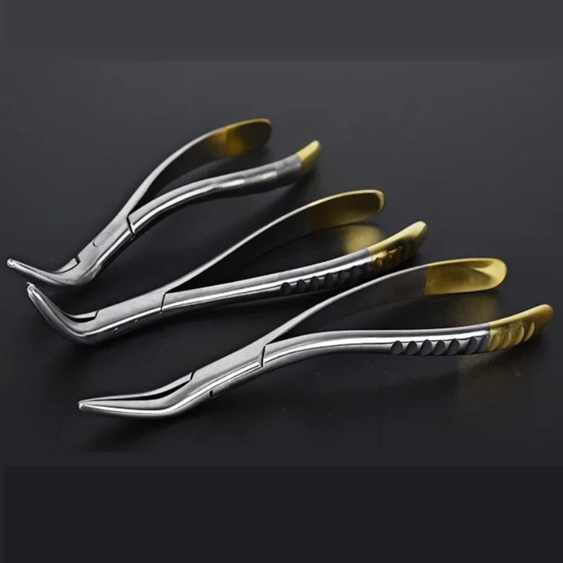 

1 шт., щипцы для извлечения зубов с фрагментом корня зубов, изогнутый клюв из нержавеющей стали, зубчатый верхнещелепный нижчелочный инструмент, автоклавируемые инструменты