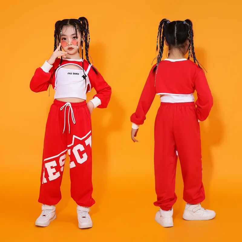 어린이 스트리트 댄스 힙합 세트, 긴 소매 재즈 댄스 의상, 소녀들의 멋진 댄스 레드 공연 의상