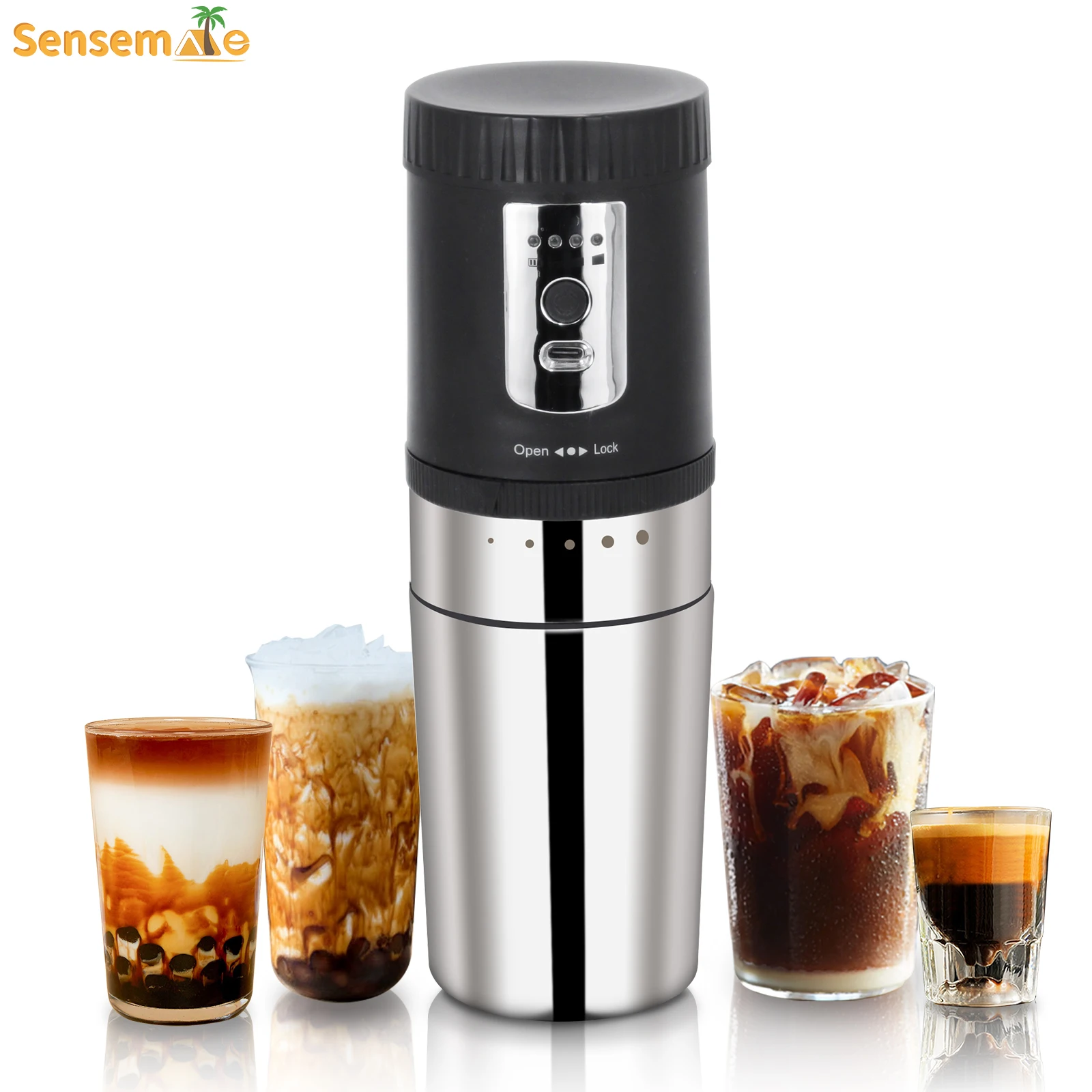 SENSEMAKE-3 in 1 Portable Coffee Maker Electric Burr Coffee Grinder Black Pour Over Kettle Coffee Bean Storage For Travel