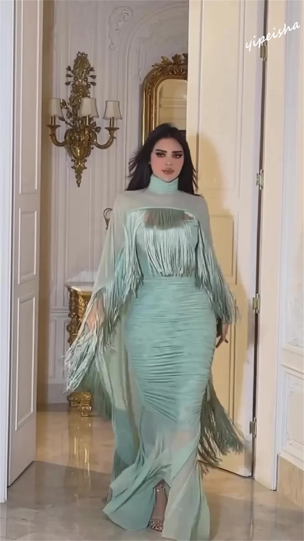 Yipeisha Ballkleid exquisite hohe Kragen Meerjungfrau boden lange Ballkleider Quaste Chiffon maßge schneiderte Kleider