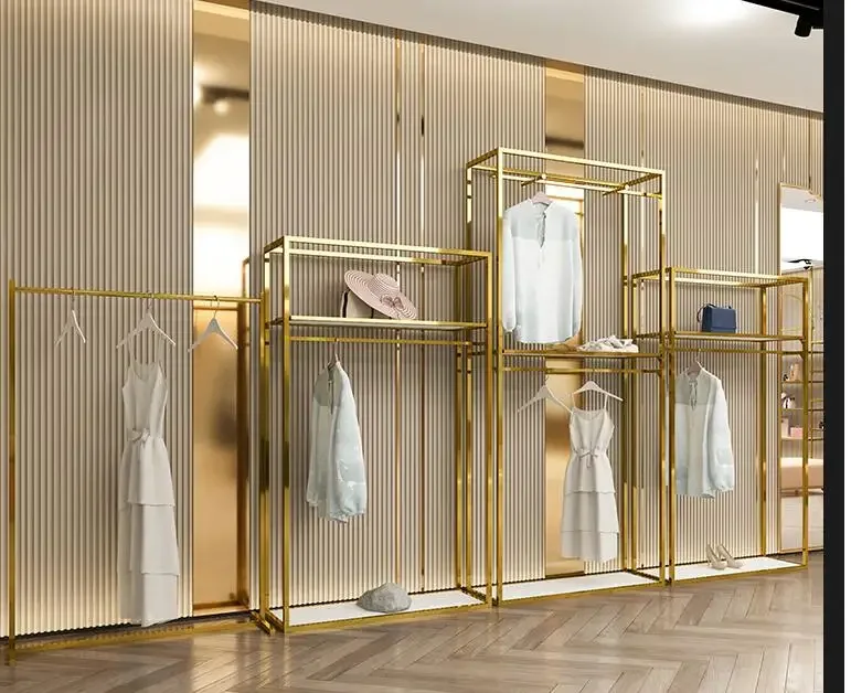 Simple Gold Clothing Store Display Rack Stainless Steel Hanger Display Floor Women's Clothing Store Brushed Clothes Rack
