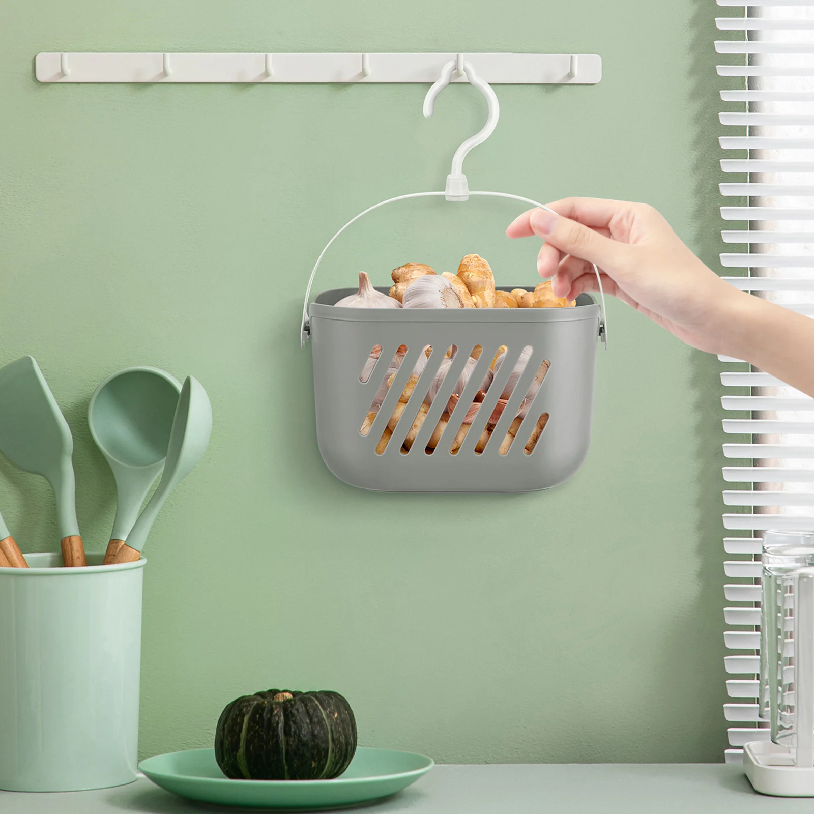 

Storage Basket with Hook Hollow Drainage System Keeps for Kitchen and Bathroom Essentials Organization