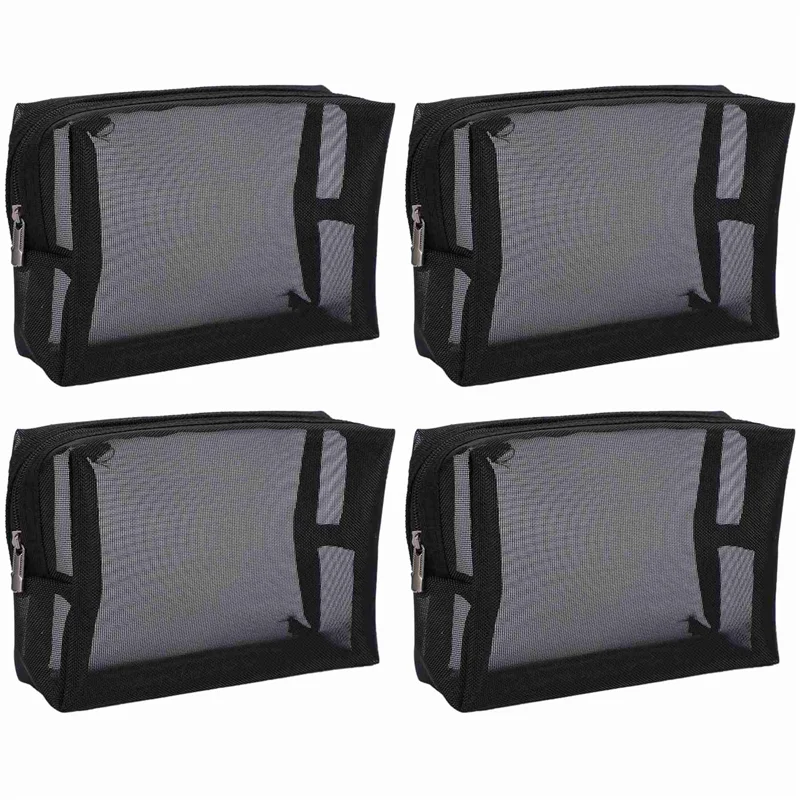 

AX83-Black Mesh Makeup Bag See Through Zipper Pouch Travel Cosmetic And Toiletries Organizer Bags Pack Of 12(S,M,L)