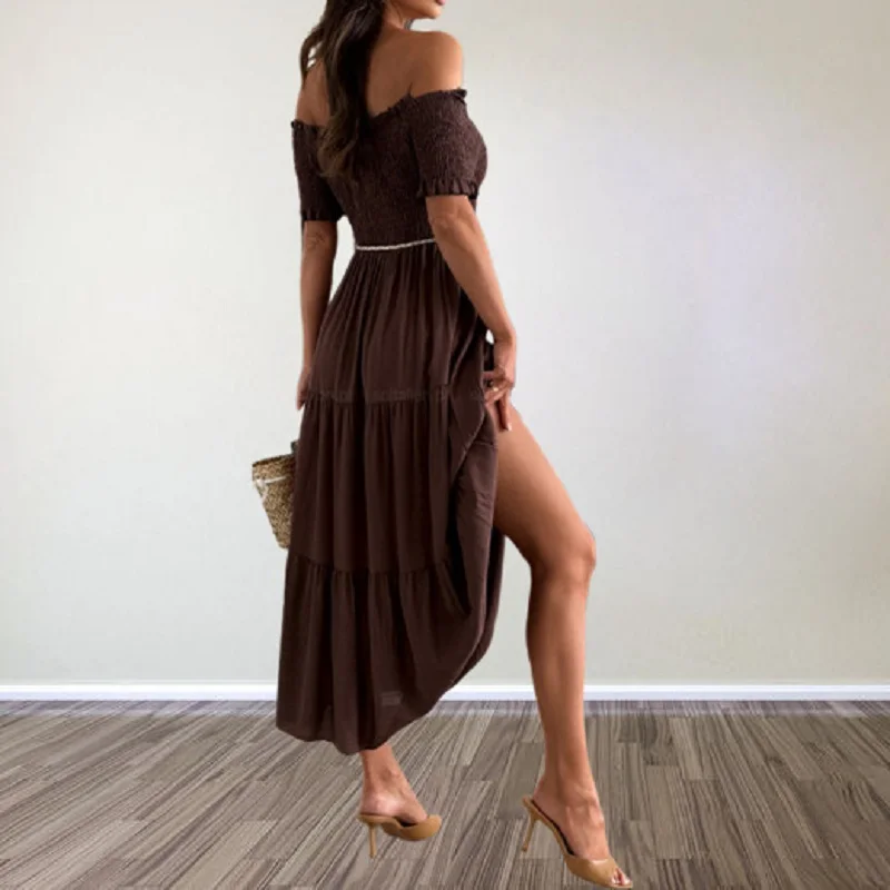 

Пляжные свободные платья с открытыми плечами, однотонное плиссированное женское длинное платье с открытыми плечами, летнее простое платье с короткими рукавами и высокой талией