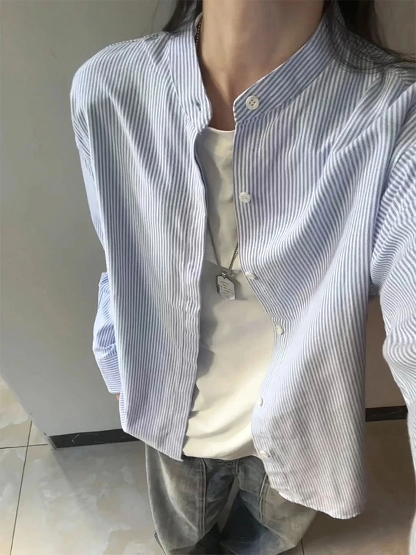 

Men's Blue White Striped Cotton irt Long Sve Stand Collar American Sle Outerwear Casual Loose Fit Street Sle