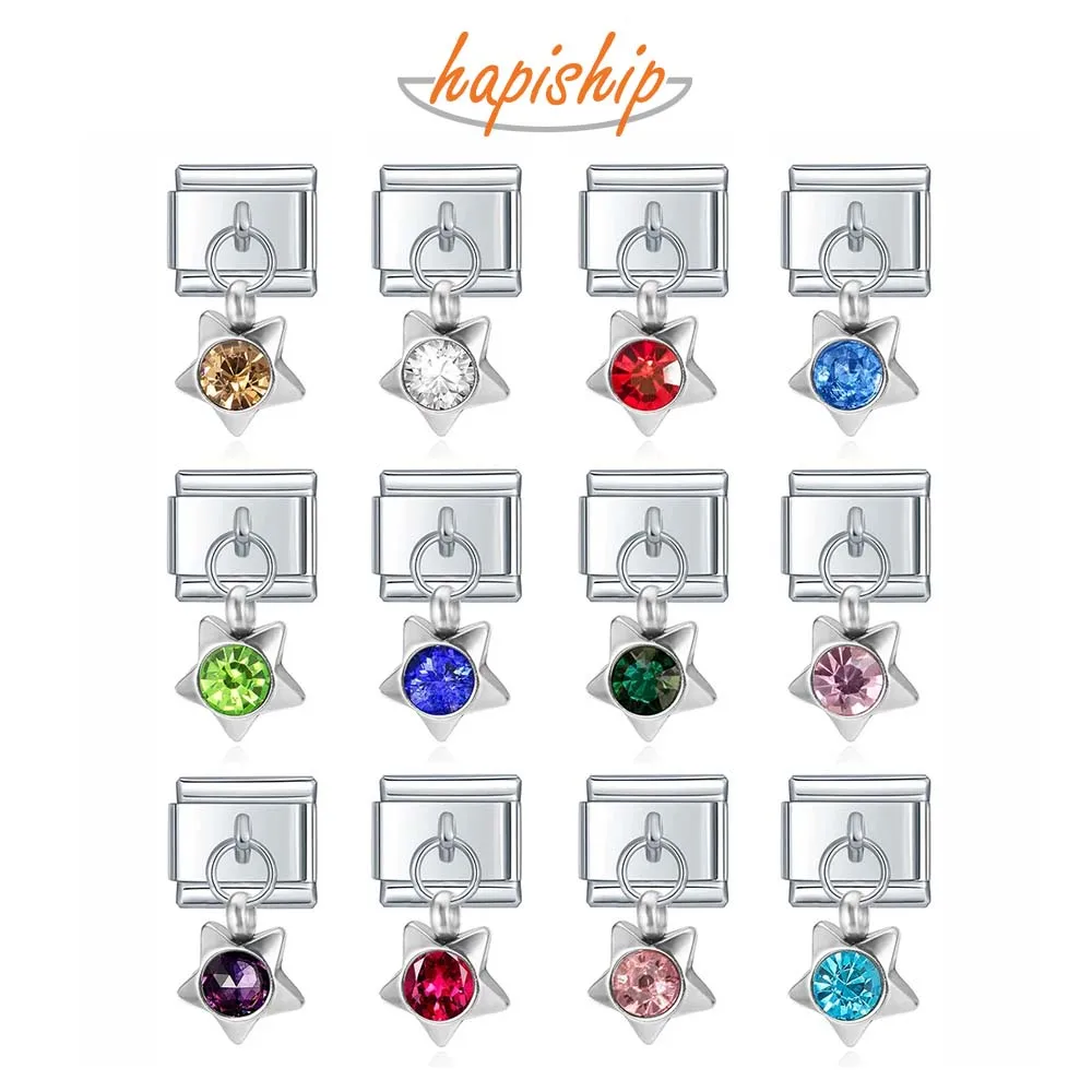 Hapiship New 12 Month Birthday Colour Dazzling CZ Star Charm Links Fit 9mm Bracelet Stainless Steel DIY Making Jewelry DJ556