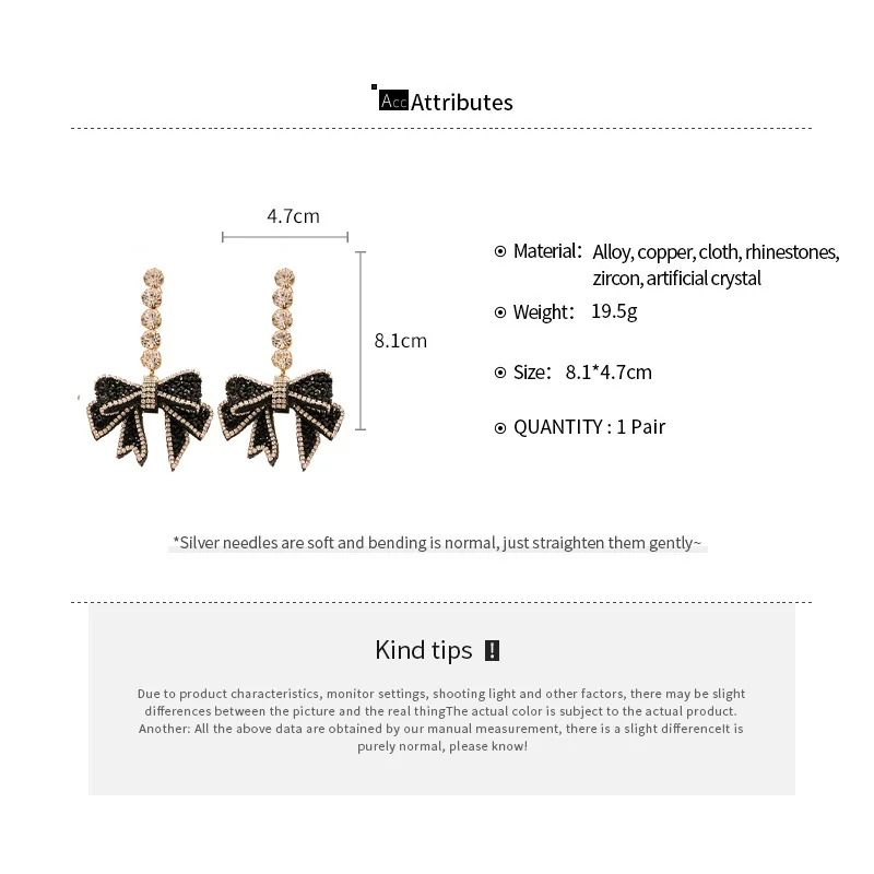Shiny Black Zircon Crystal Bow Drop Earrings for Women Bowknot Earrings Full Rhinestone Long Earring Party Jewelry