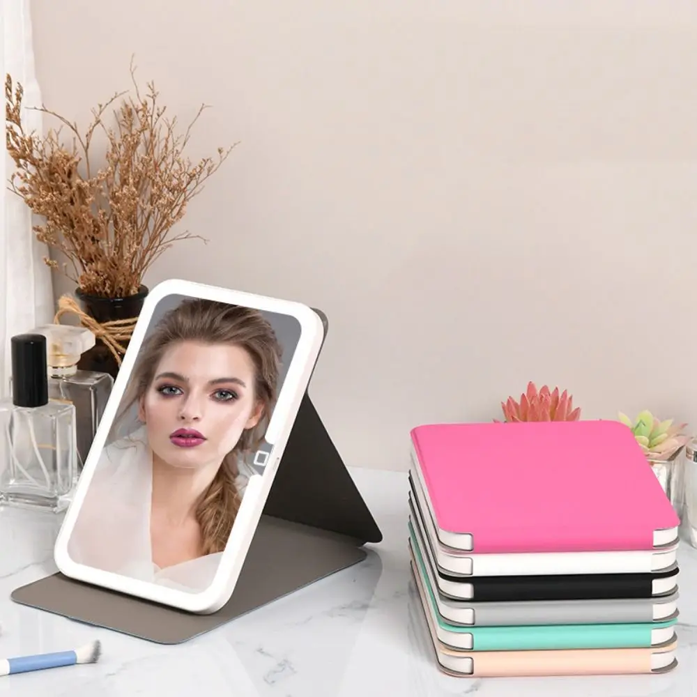 Foldable Fold Makeup Mirror Touch Screen Adjustable Light Cosmetic Mirrors Portable PU Leather Vanity Mirror Office