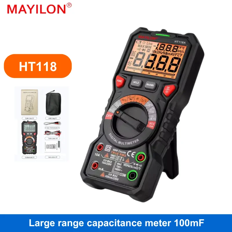 MAYILON HT118A HT118C HT118D High Precision Multimeter Capacitance Data Hold AC DC Ohm Hz NCV Live Duty Tester