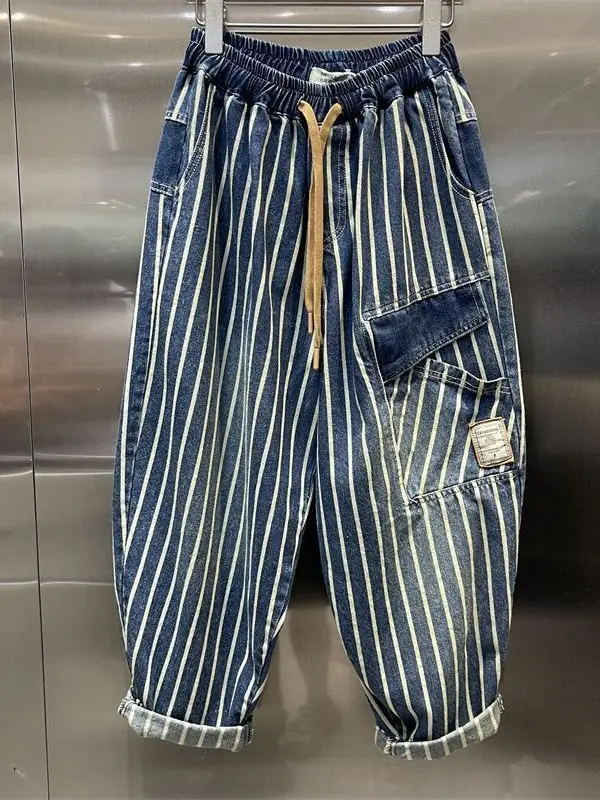 

plus Size Dad Jeans Retro Vertical Stripes Fce Lined 9 Parts Women's Denim Pants High Waist Wide Leg Casual Harajuku Sle