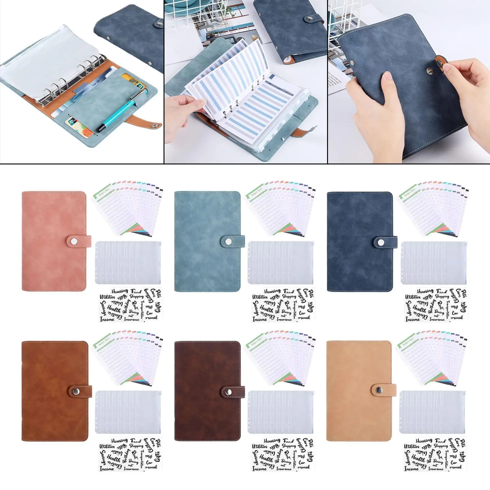 A6 Umschläge Binder Brieftasche, PU Leder Budget Planer Notizbuch mit 8 Stück