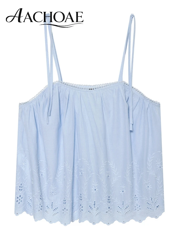 AACHOAE Women Boho Eyelet Embroidered Cotton Cami Tie Shoulder Sleeveless Scallop Hem Loose Cami Top Casual Summer Beach Blouse